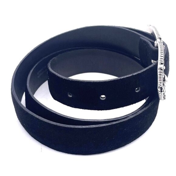 Landes Women Genuine Suede Black Belt Adjustable Floral Silver Tone Buckle Large - Picture 2 of 7